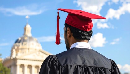 A graduating student gazing at a building