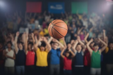 Excited diverse crowd of young people cheering enthusiastically at a basketball game with a basketball in the air during a sporting event