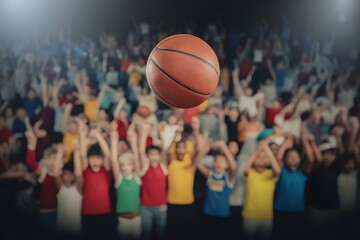 Excited diverse group of young children and teenagers cheering enthusiastically with hands raised in the air at a basketball game