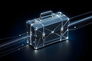 A black briefcase with glowing white lines and dots on a dark background digital illustration