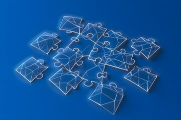 A blue background featuring a collection of translucent puzzle pieces with white outlines forming a design