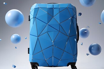 A blue suitcase with geometric design and floating spheres on a light background in a studio shot