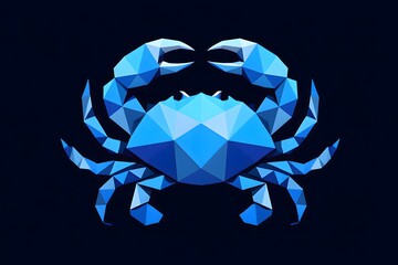 A blue geometric crab with polygon shapes on a dark background in a digital illustration