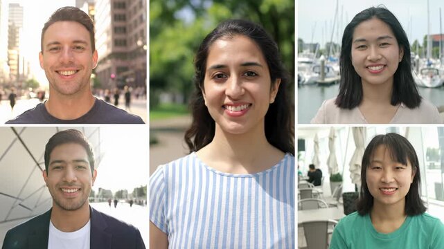 Dynamic 5-panel split-screen video: diverse young adults smiling confidently in casual attire, filmed in varied urban and natural settings. Uplifting authentic ambiance