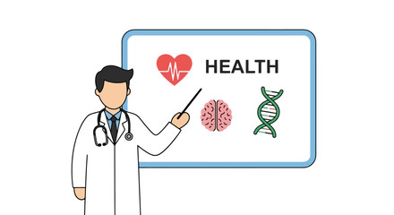 Medical Professional Explaining Health Concepts on a Whiteboard, Illustrating Vital Organs and Genetic Structure for Educational Healthcare Presentation.