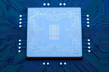A close up shot of a blue computer chip with intricate patterns and glowing white dots around it