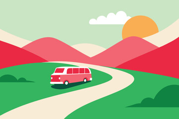 Fototapeta premium Cartoon Red and White Bus on a Winding Road Through a Colorful Landscape