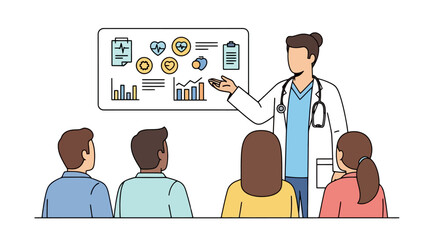 Doctor presenting medical data to a group of people, ideal for illustrating healthcare presentations, medical training, or health education materials.