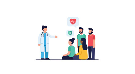 Medical Consultation Illustration: Doctor Explaining Health Advice to a Group of Patients for Healthcare Education and Awareness Campaigns