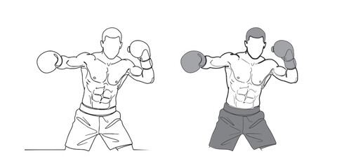 Minimal line art and silhouette illustration of a boxer fighter wearing gloves and shorts, showing a fighting stance with muscular body, representing boxing, combat sports, strength, and competition.