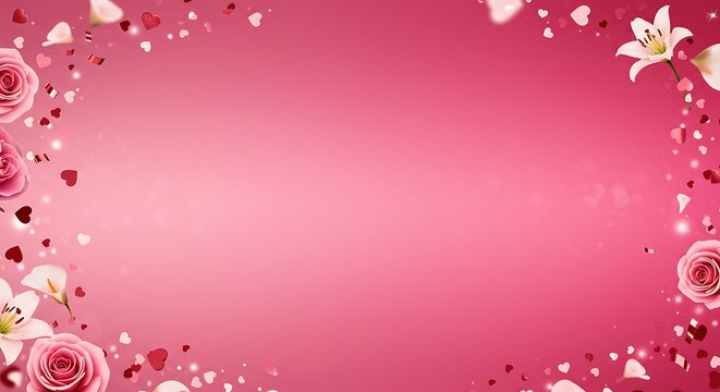Elegant pink floral background with roses lilies and confetti for design
