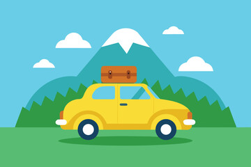 Cartoon Yellow Car with Suitcase on Top, Mountain View Background, Flat Style