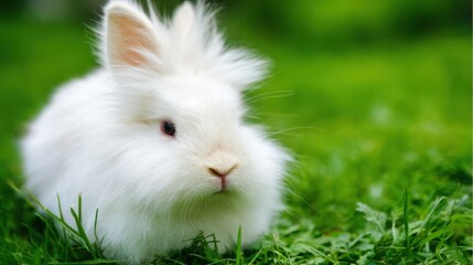 rabbit. A fluffy white rabbit rests on a spring meadow, surrounded by blurred green grass and soft natural light. wildlife magazines.