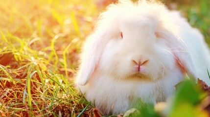 rabbit. A fluffy white rabbit rests on a spring meadow, surrounded by blurred green grass and soft natural light. wildlife magazines.