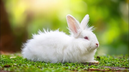 rabbit. A fluffy white rabbit rests on a spring meadow, surrounded by blurred green grass and soft natural light. wildlife magazines.