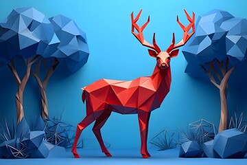 A low poly red deer standing between two blue low poly trees on a blue background landscape art