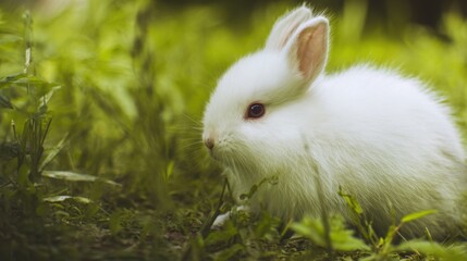 rabbit. A fluffy white rabbit rests on a spring meadow, surrounded by blurred green grass and soft natural light. wildlife magazines.