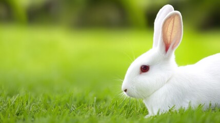 rabbit. A fluffy white rabbit rests on a spring meadow, surrounded by blurred green grass and soft natural light. wildlife magazines.