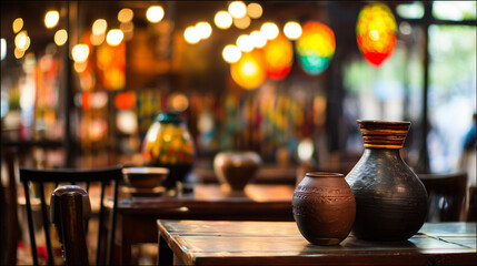 mexican. Colorful decor and wooden tables with traditional pottery fill an authentic Mexican restaurant interior. lifestyle magazines.