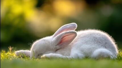 rabbit. A fluffy white rabbit rests on a spring meadow, surrounded by blurred green grass and soft natural light. wildlife magazines.