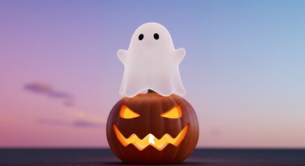 Chubby ghost sitting on a glowing pumpkin lantern, smiling under a pastel night sky
