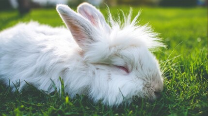 rabbit. A fluffy white rabbit rests on a spring meadow, surrounded by blurred green grass and soft natural light. wildlife magazines.