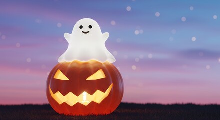 Chubby ghost sitting on a glowing pumpkin lantern, smiling under a pastel night sky