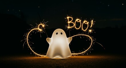 Cute ghost holding sparkler lights, glowing trails forming “boo!” in the air