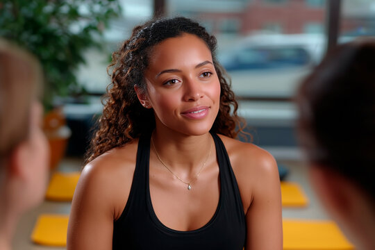 Young woman listening during yoga fitness class