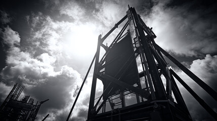 girders. Steel frame structure under construction with ambient lighting and minimal background, real-estate listings.