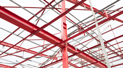 girders. Steel frame structure under construction with ambient lighting and minimal background, real-estate listings.