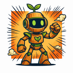 Eco Friendly Robot With Leaf Heart Green Energy Mascot Illustration