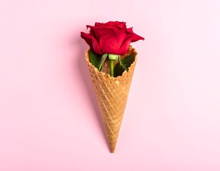 A vibrant red rose nestled inside a waffle cone against a smooth, pastel pink backdrop