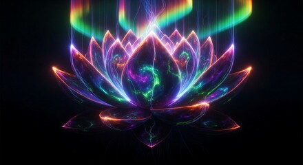 Glowing Lotus Flower on Black Background with Rainbow Lights