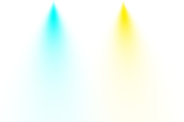 Two light beams, one cyan and one yellow, shining upwards isolated on transparent background, creating a soft glow