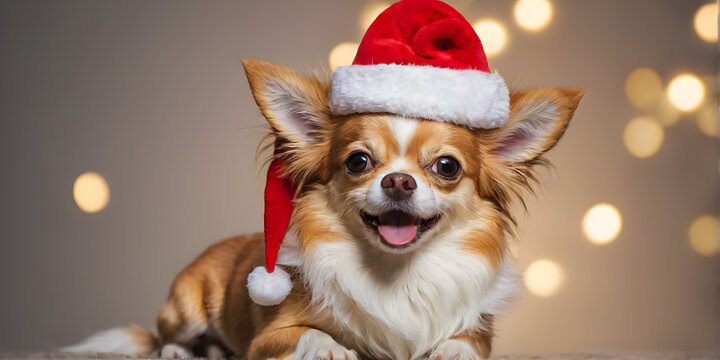 Cute long haired Chihuahua wearing Christmas hat on gray background. Happy brown and white dog in Santa hat close up. Chihuahua Christmas themed.