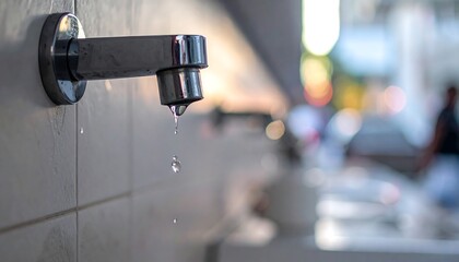 Close-up of a dripping metal faucet against a tiled wall with a blurred background of people and city lights. Focus is on water drops