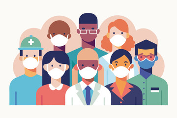 Fototapeta premium Illustrated Group of Diverse Essential Workers Wearing Face Masks, Covid19 Prevention Measures