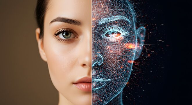 Digital Human Identity-Split Portrait of Real Woman's Face Merged with Abstract Wireframe AI Mesh and Data Points - Powered by Adobe