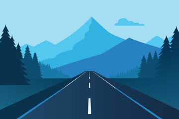 Minimalist Landscape Road Leading to Mountains with Trees and Sky Illustration in Blues