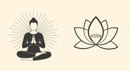 Serene Yoga Meditation and Lotus Flower Illustration for Wellness, Spiritual Practices, and Holistic Health Promotion in Mindful Living Designs