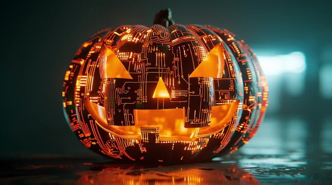 Glowing cyberpunk pumpkin jack o lantern with circuit board neon pattern design
