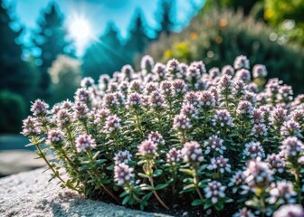 Obraz premium Thymus Serpyllum blooming in a lush green garden amidst trees and flowers