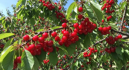 Fresh red cherries ripening on tree branches against blue sky