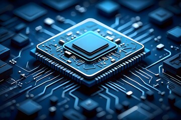 A detailed close up of a blue computer chip with intricate circuit patterns and connections shown