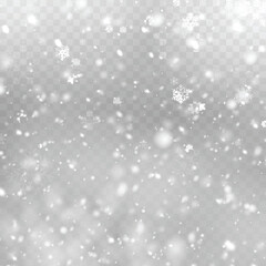 Realistic falling snow and snowflakes overlay effect for winter design. Vector illustration