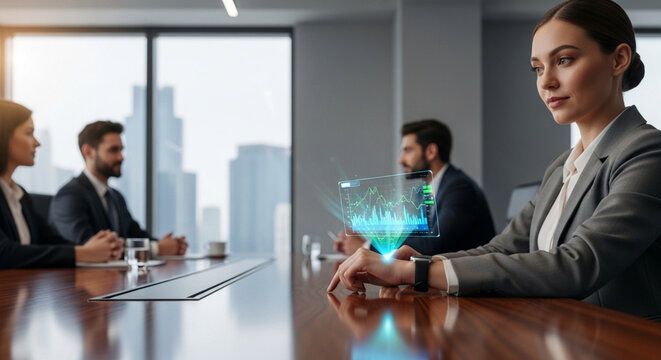 A focused businesswoman in a suit looks forward while a holographic display hovers over her hand in a modern boardroom.