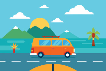 Fototapeta premium Orange Van Driving on Road with Mountains, Sun, Clouds, and Palm Trees Scenery Illustration