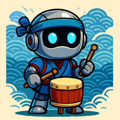 Taiko Drummer Robot With Headband Japanese Festival Music Illustration
