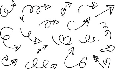 Hand-drawn arrow and swirl doodles with loops, curls, hearts, and sketch-style indicators for creative design and presentation use
